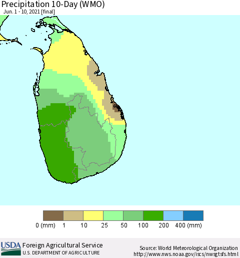Sri Lanka Precipitation 10-Day (WMO) Thematic Map For 6/1/2021 - 6/10/2021