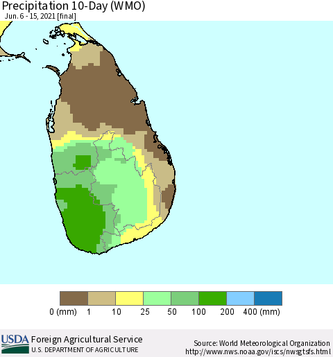 Sri Lanka Precipitation 10-Day (WMO) Thematic Map For 6/6/2021 - 6/15/2021