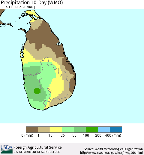 Sri Lanka Precipitation 10-Day (WMO) Thematic Map For 6/11/2021 - 6/20/2021