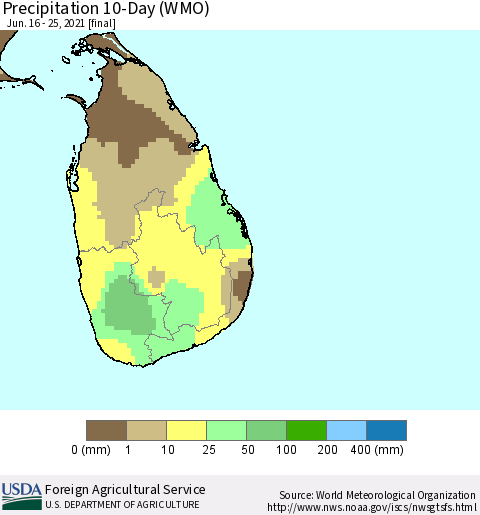 Sri Lanka Precipitation 10-Day (WMO) Thematic Map For 6/16/2021 - 6/25/2021