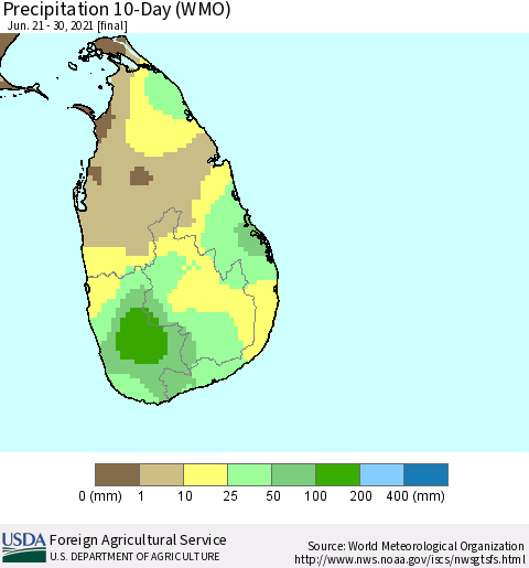 Sri Lanka Precipitation 10-Day (WMO) Thematic Map For 6/21/2021 - 6/30/2021