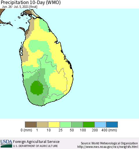 Sri Lanka Precipitation 10-Day (WMO) Thematic Map For 6/26/2021 - 7/5/2021