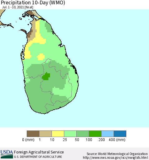 Sri Lanka Precipitation 10-Day (WMO) Thematic Map For 7/1/2021 - 7/10/2021