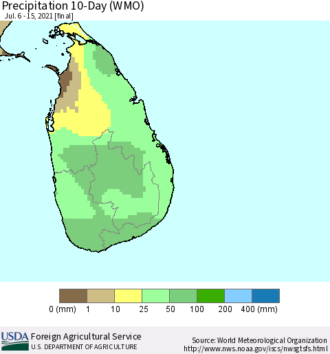 Sri Lanka Precipitation 10-Day (WMO) Thematic Map For 7/6/2021 - 7/15/2021