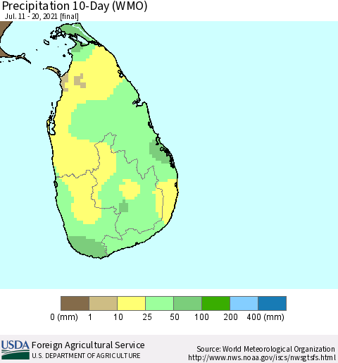 Sri Lanka Precipitation 10-Day (WMO) Thematic Map For 7/11/2021 - 7/20/2021