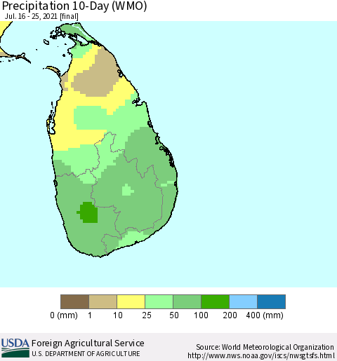 Sri Lanka Precipitation 10-Day (WMO) Thematic Map For 7/16/2021 - 7/25/2021