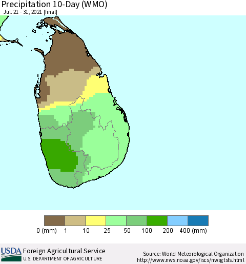 Sri Lanka Precipitation 10-Day (WMO) Thematic Map For 7/21/2021 - 7/31/2021