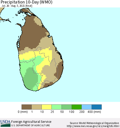 Sri Lanka Precipitation 10-Day (WMO) Thematic Map For 7/26/2021 - 8/5/2021