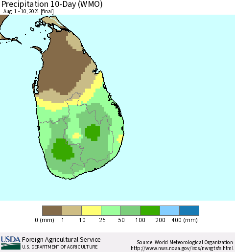 Sri Lanka Precipitation 10-Day (WMO) Thematic Map For 8/1/2021 - 8/10/2021