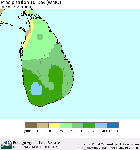 Sri Lanka Precipitation 10-Day (WMO) Thematic Map For 8/6/2021 - 8/15/2021