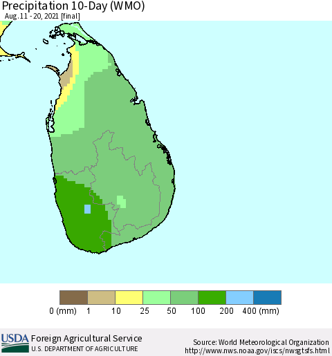 Sri Lanka Precipitation 10-Day (WMO) Thematic Map For 8/11/2021 - 8/20/2021