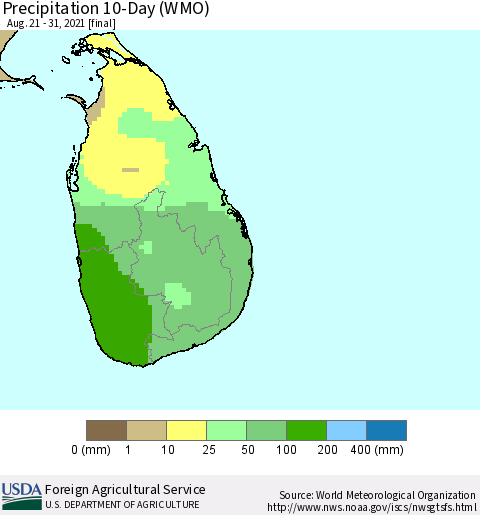 Sri Lanka Precipitation 10-Day (WMO) Thematic Map For 8/21/2021 - 8/31/2021