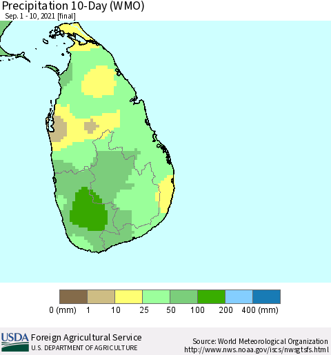 Sri Lanka Precipitation 10-Day (WMO) Thematic Map For 9/1/2021 - 9/10/2021