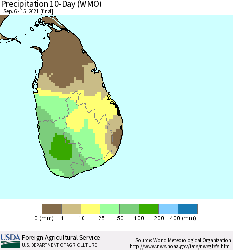 Sri Lanka Precipitation 10-Day (WMO) Thematic Map For 9/6/2021 - 9/15/2021