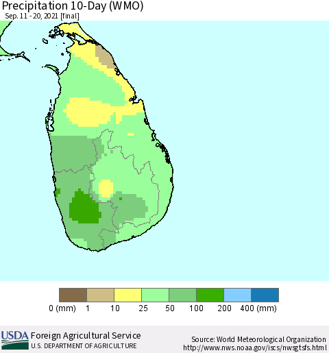 Sri Lanka Precipitation 10-Day (WMO) Thematic Map For 9/11/2021 - 9/20/2021