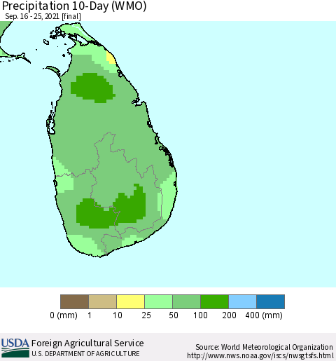 Sri Lanka Precipitation 10-Day (WMO) Thematic Map For 9/16/2021 - 9/25/2021