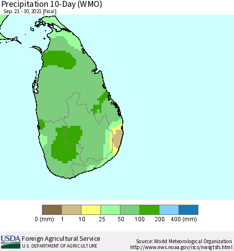 Sri Lanka Precipitation 10-Day (WMO) Thematic Map For 9/21/2021 - 9/30/2021