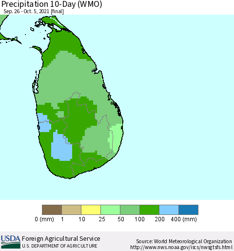 Sri Lanka Precipitation 10-Day (WMO) Thematic Map For 9/26/2021 - 10/5/2021