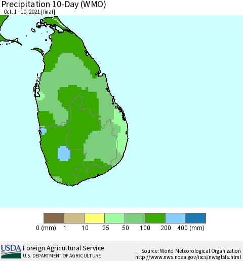 Sri Lanka Precipitation 10-Day (WMO) Thematic Map For 10/1/2021 - 10/10/2021