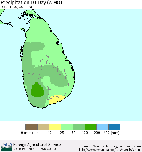 Sri Lanka Precipitation 10-Day (WMO) Thematic Map For 10/11/2021 - 10/20/2021