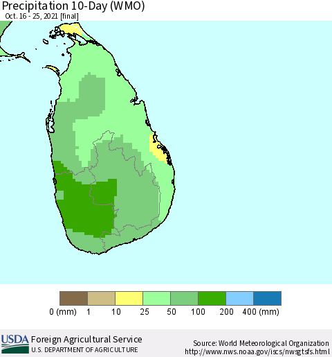 Sri Lanka Precipitation 10-Day (WMO) Thematic Map For 10/16/2021 - 10/25/2021