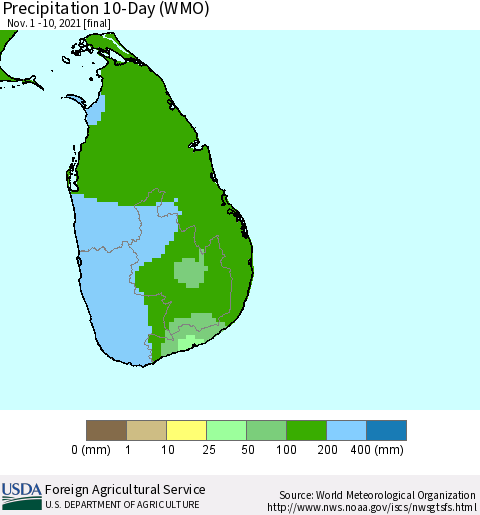 Sri Lanka Precipitation 10-Day (WMO) Thematic Map For 11/1/2021 - 11/10/2021