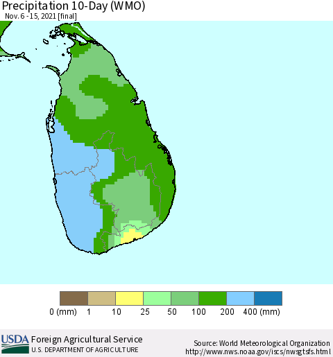 Sri Lanka Precipitation 10-Day (WMO) Thematic Map For 11/6/2021 - 11/15/2021