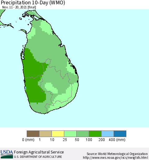 Sri Lanka Precipitation 10-Day (WMO) Thematic Map For 11/11/2021 - 11/20/2021