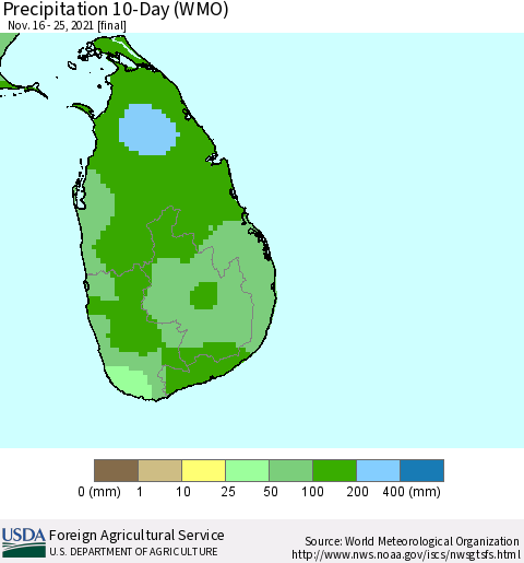 Sri Lanka Precipitation 10-Day (WMO) Thematic Map For 11/16/2021 - 11/25/2021