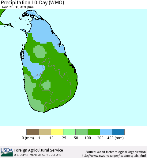 Sri Lanka Precipitation 10-Day (WMO) Thematic Map For 11/21/2021 - 11/30/2021