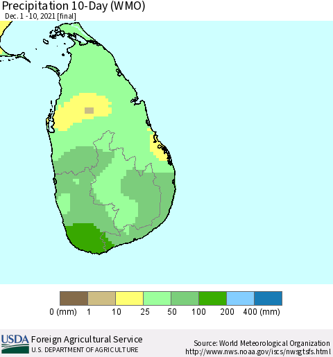 Sri Lanka Precipitation 10-Day (WMO) Thematic Map For 12/1/2021 - 12/10/2021
