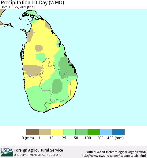 Sri Lanka Precipitation 10-Day (WMO) Thematic Map For 12/16/2021 - 12/25/2021