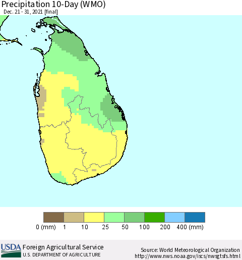 Sri Lanka Precipitation 10-Day (WMO) Thematic Map For 12/21/2021 - 12/31/2021
