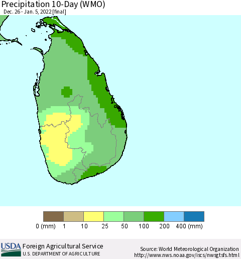Sri Lanka Precipitation 10-Day (WMO) Thematic Map For 12/26/2021 - 1/5/2022