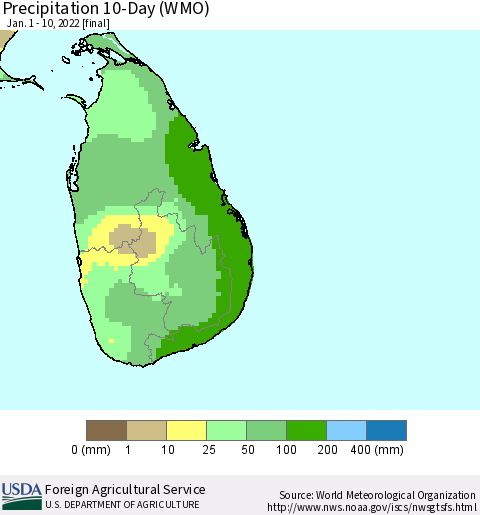 Sri Lanka Precipitation 10-Day (WMO) Thematic Map For 1/1/2022 - 1/10/2022