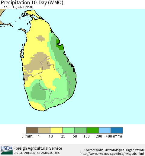 Sri Lanka Precipitation 10-Day (WMO) Thematic Map For 1/6/2022 - 1/15/2022