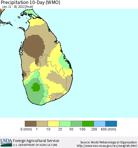 Sri Lanka Precipitation 10-Day (WMO) Thematic Map For 1/11/2022 - 1/20/2022