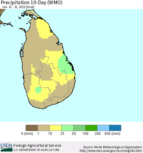 Sri Lanka Precipitation 10-Day (WMO) Thematic Map For 1/21/2022 - 1/31/2022