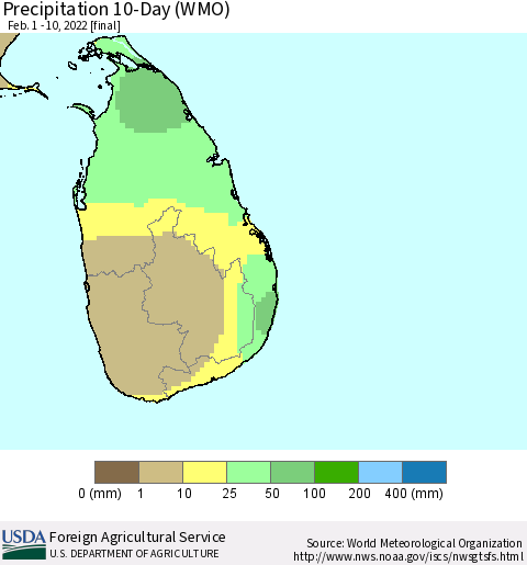 Sri Lanka Precipitation 10-Day (WMO) Thematic Map For 2/1/2022 - 2/10/2022