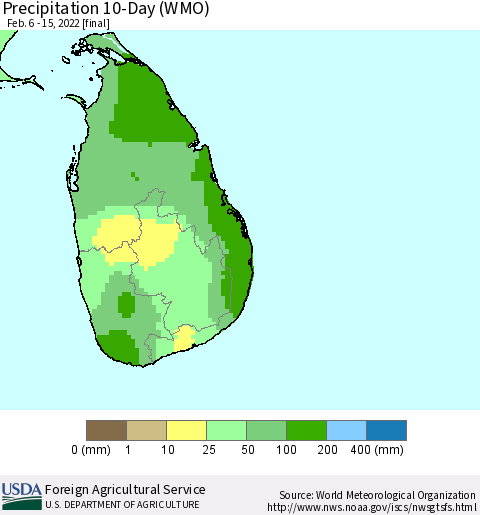 Sri Lanka Precipitation 10-Day (WMO) Thematic Map For 2/6/2022 - 2/15/2022