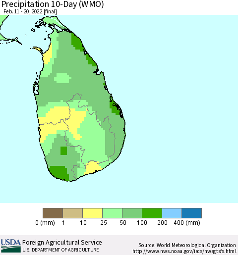Sri Lanka Precipitation 10-Day (WMO) Thematic Map For 2/11/2022 - 2/20/2022