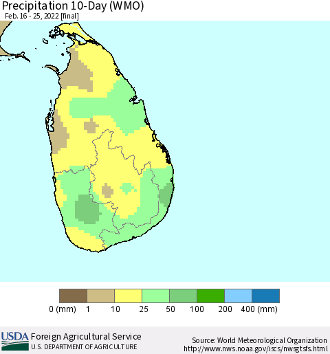 Sri Lanka Precipitation 10-Day (WMO) Thematic Map For 2/16/2022 - 2/25/2022