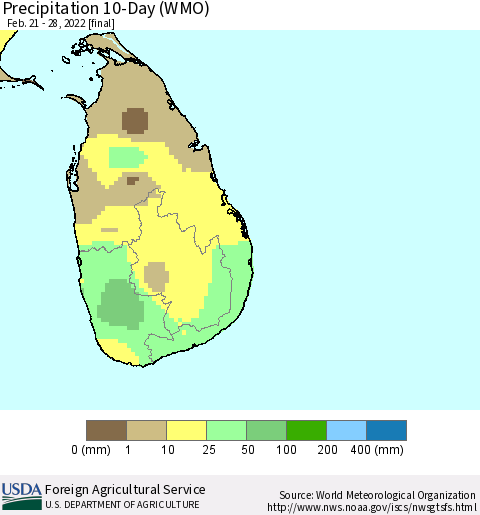Sri Lanka Precipitation 10-Day (WMO) Thematic Map For 2/21/2022 - 2/28/2022