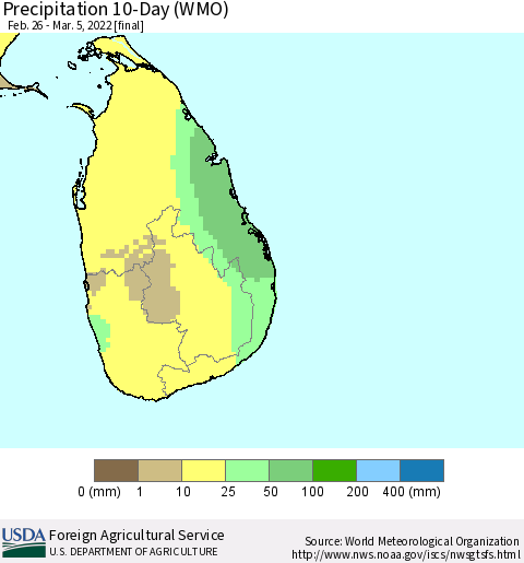 Sri Lanka Precipitation 10-Day (WMO) Thematic Map For 2/26/2022 - 3/5/2022