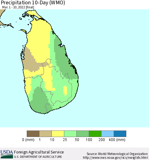 Sri Lanka Precipitation 10-Day (WMO) Thematic Map For 3/1/2022 - 3/10/2022