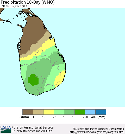 Sri Lanka Precipitation 10-Day (WMO) Thematic Map For 3/6/2022 - 3/15/2022