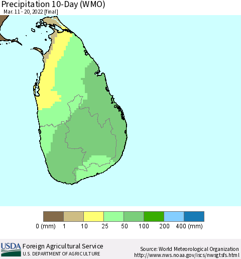 Sri Lanka Precipitation 10-Day (WMO) Thematic Map For 3/11/2022 - 3/20/2022