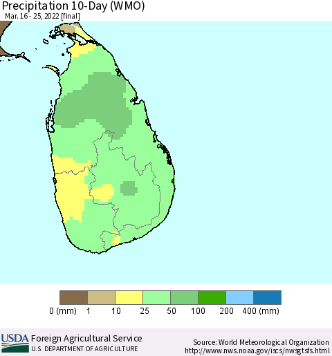 Sri Lanka Precipitation 10-Day (WMO) Thematic Map For 3/16/2022 - 3/25/2022
