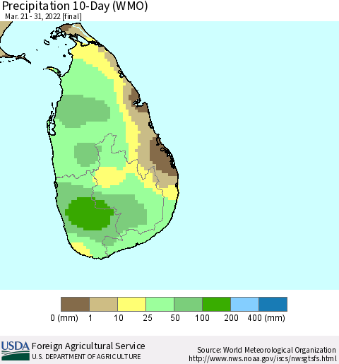 Sri Lanka Precipitation 10-Day (WMO) Thematic Map For 3/21/2022 - 3/31/2022