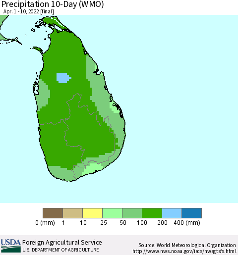 Sri Lanka Precipitation 10-Day (WMO) Thematic Map For 4/1/2022 - 4/10/2022